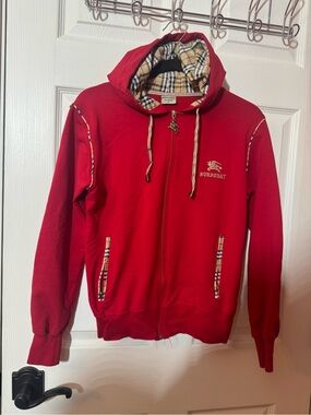 Burberry Red Hooded Zip Sweatshirt with Signature Check Trim